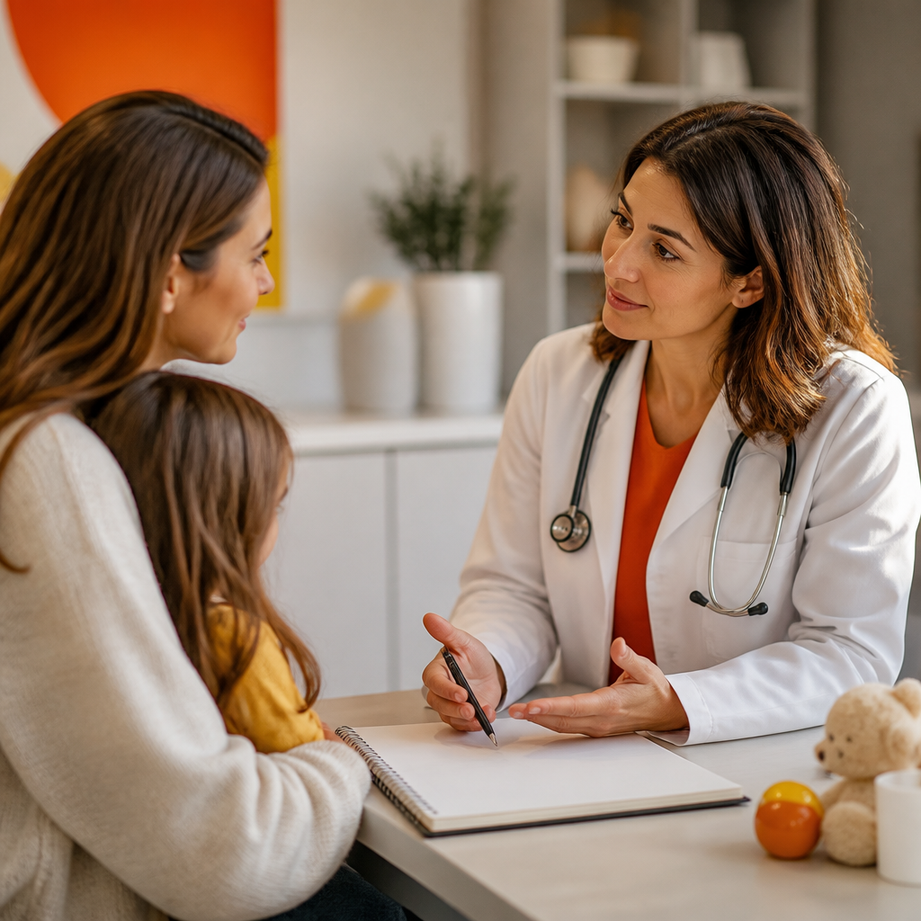 A pediatrician and parent having a calm consultation in an exam room while looking at a blank notebook page and discussing concerns.