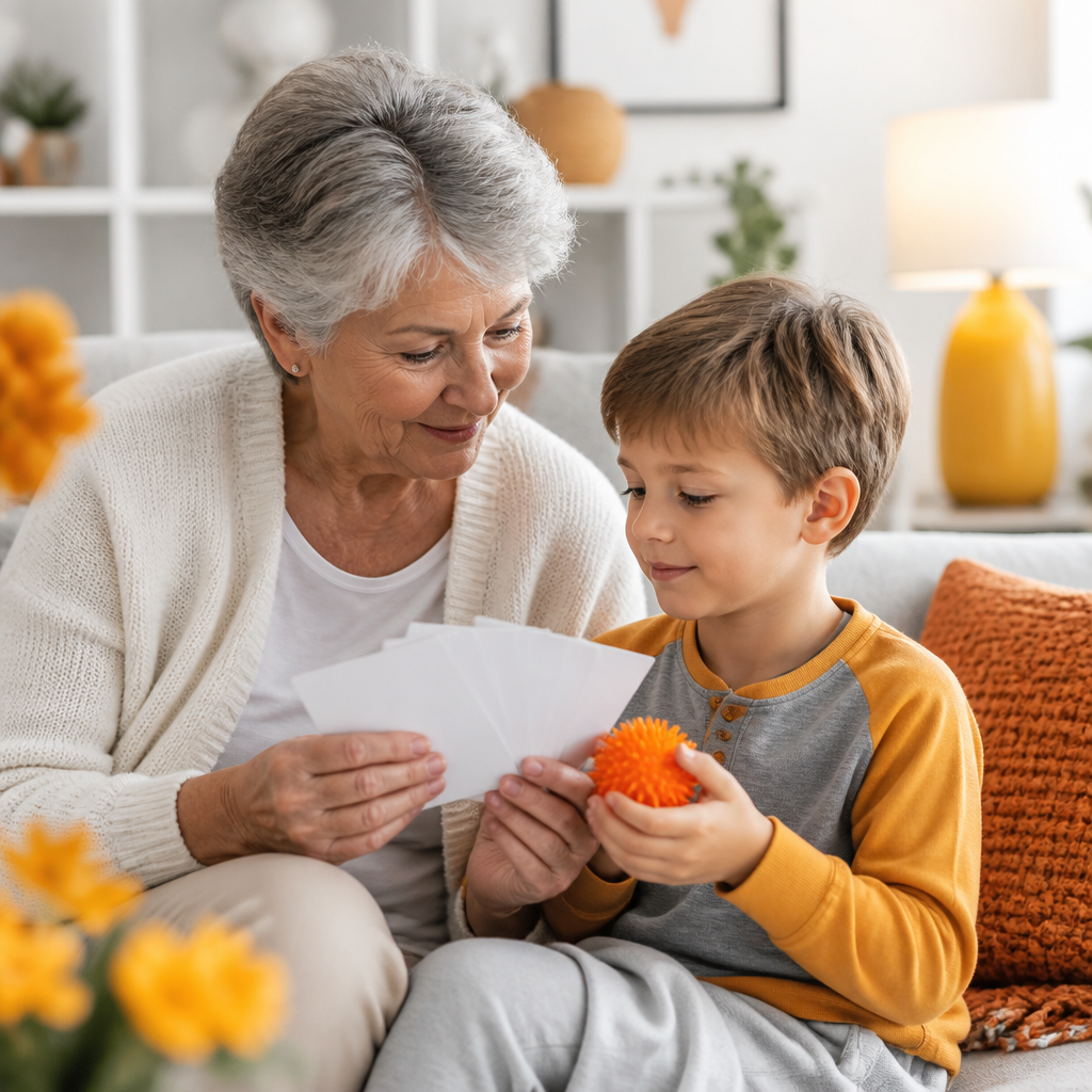 A caregiver and child in a warm home setting holding blank note cards and a small sensory toy, styled with orange and yellow accents.