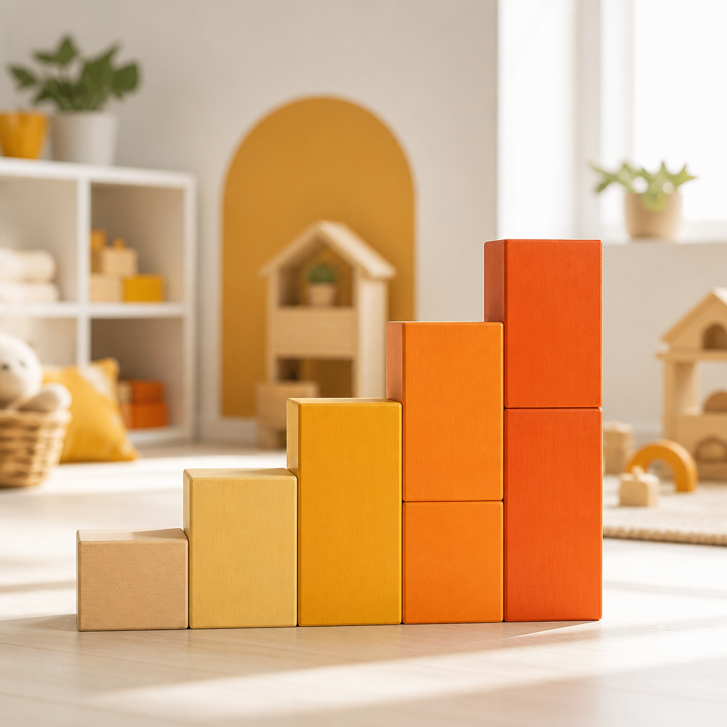 A staircase of colored wooden blocks stepping upward in a bright learning space with orange and yellow accents and no visible text.