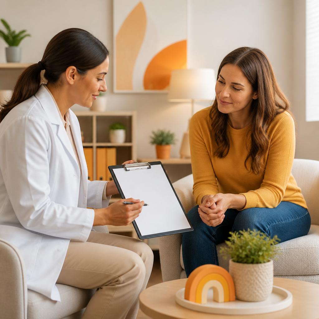 A clinician reviewing a blank clipboard with a caregiver in a modern clinic room, styled with subtle orange and yellow accents and no visible text.