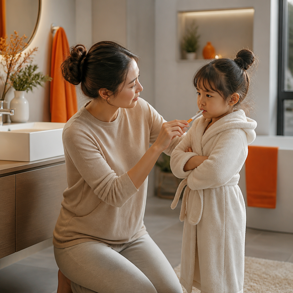 A parent helping a young child with a daily self-care routine in a bright home setting, emphasizing calm support during dressing.