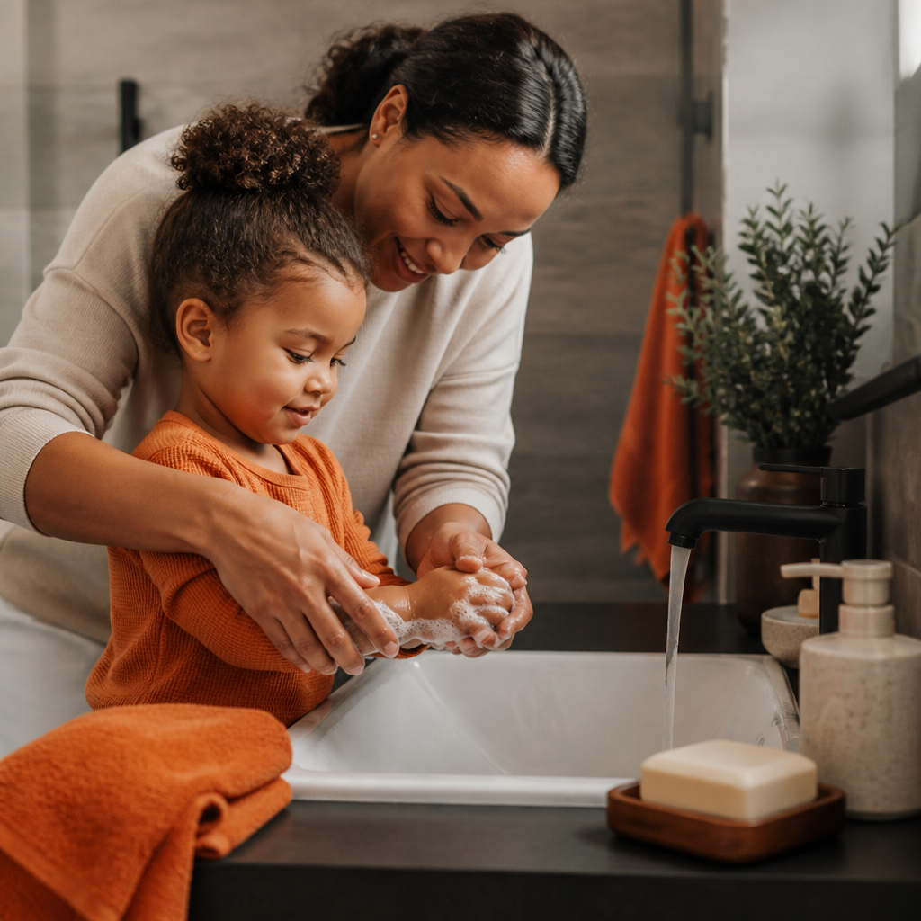 A parent helping a child practice handwashing at home with gentle soap bubbles and calm routine cues.