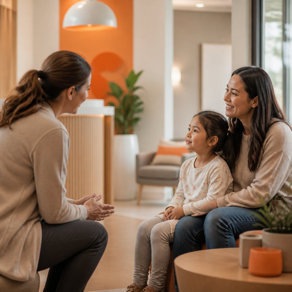 A parent and child in a bright pediatric clinic setting, conveying the start of a developmental support conversation.