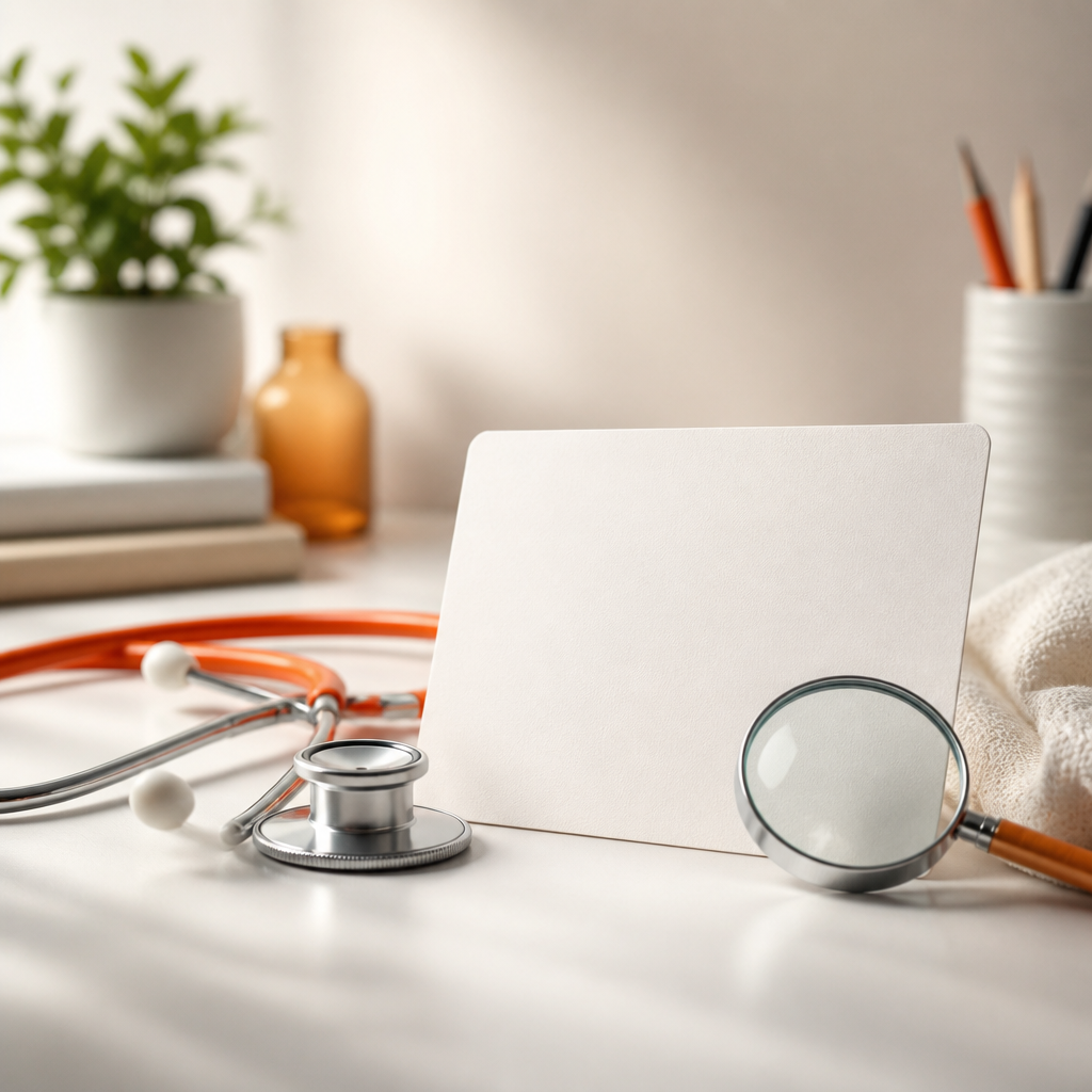 A pediatric clinician desk scene with a stethoscope and a blank checklist card suggesting evaluation, without any visible text or markings.