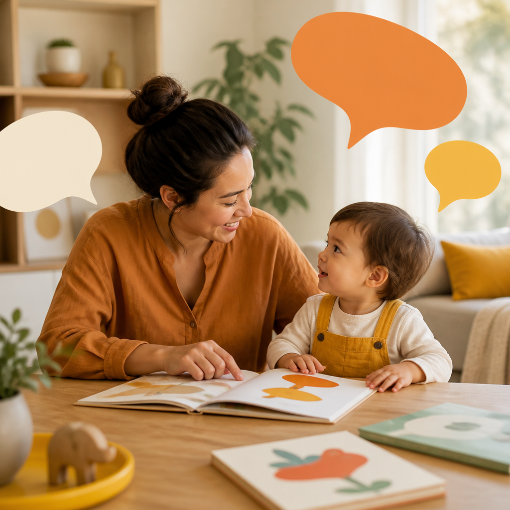 A parent and toddler sharing books at a table with colorful abstract speech-bubble shapes indicating multilingual communication without any readable text.