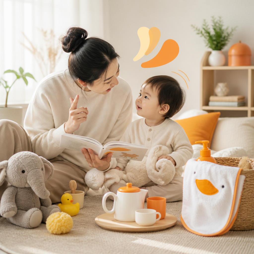 A parent and toddler engaged in at-home language learning with books and routine objects, with only abstract non-text visual cues for communication.