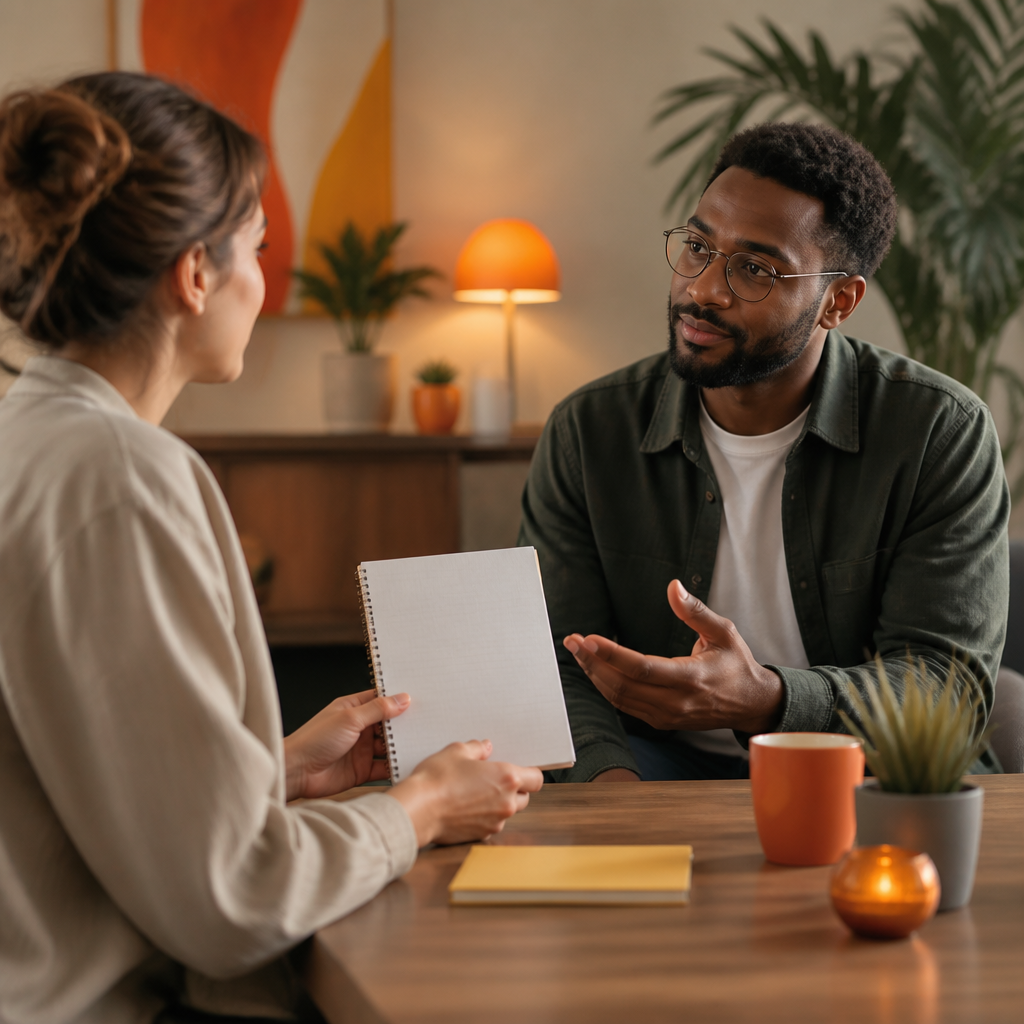 A calm table scene with a blank notebook and gentle gestures, visually representing supportive listening and consistent boundaries.