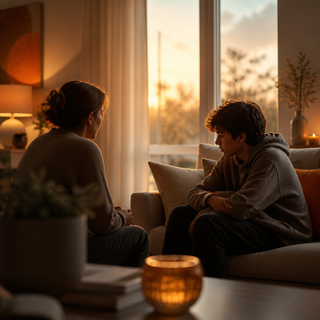 A warm, softly lit living room scene suggesting calm communication between a parent and teen during uncertain times, with subtle orange and yellow accents.