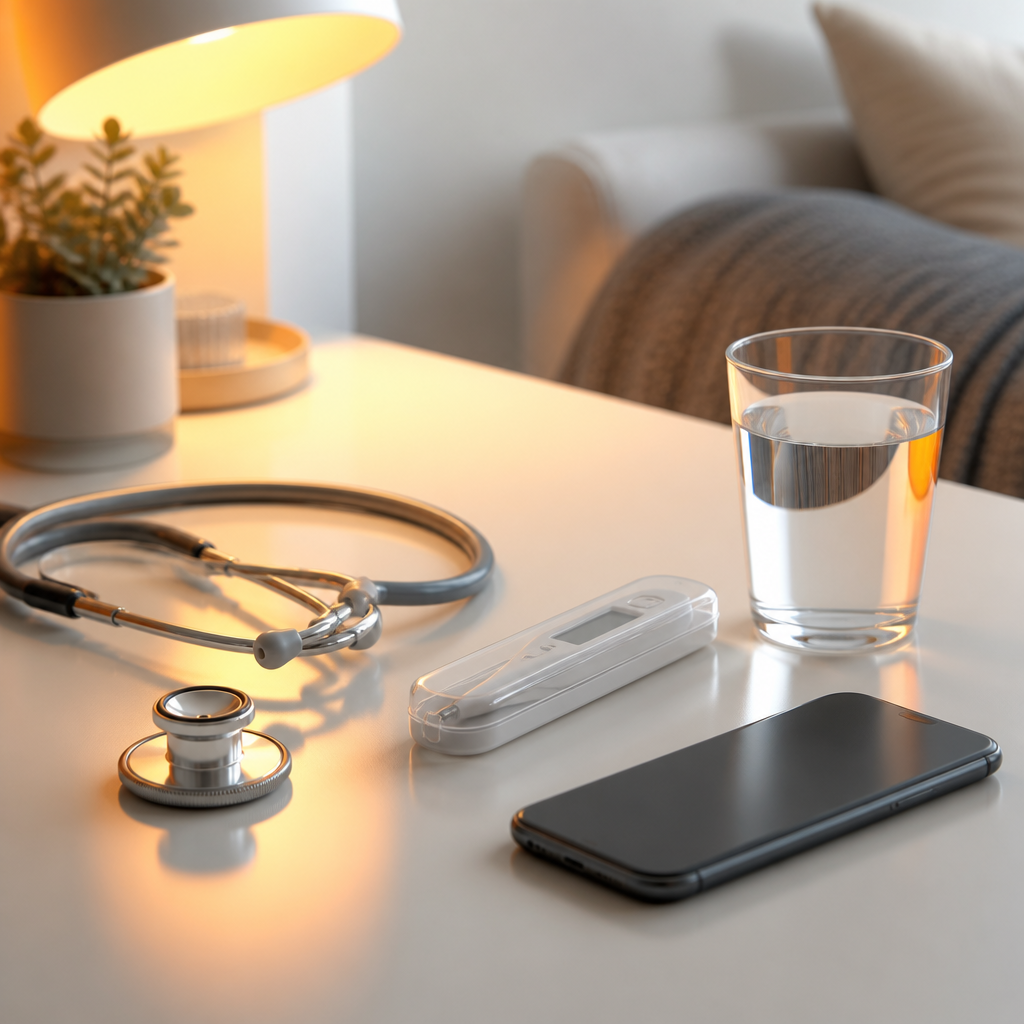 A clean medical check-in scene with a stethoscope, thermometer, and water glass suggesting when to schedule an illness visit during uncertain times.
