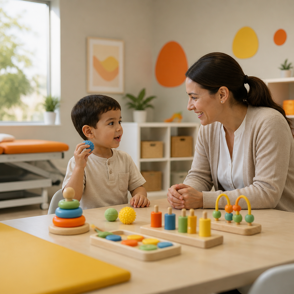 A parent kneeling at a child’s eye level in a calm pediatric clinic, focused on colorful play tools that represent developmental communication and motor engagement without any visible text.