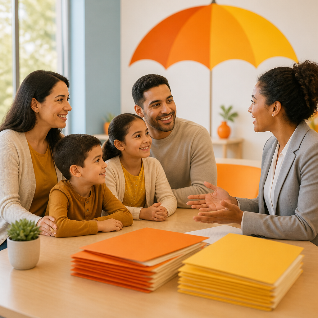 A bright clinic scene where a care coordinator supports a family beside neatly stacked blank documents, using orange and yellow accents to symbolize healthcare coverage without any visible text.