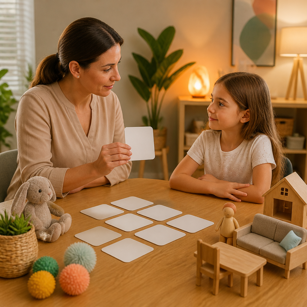 A calm tabletop scene featuring blank communication and social-interaction tools and sensory materials, suggesting developmental concerns that can affect school readiness