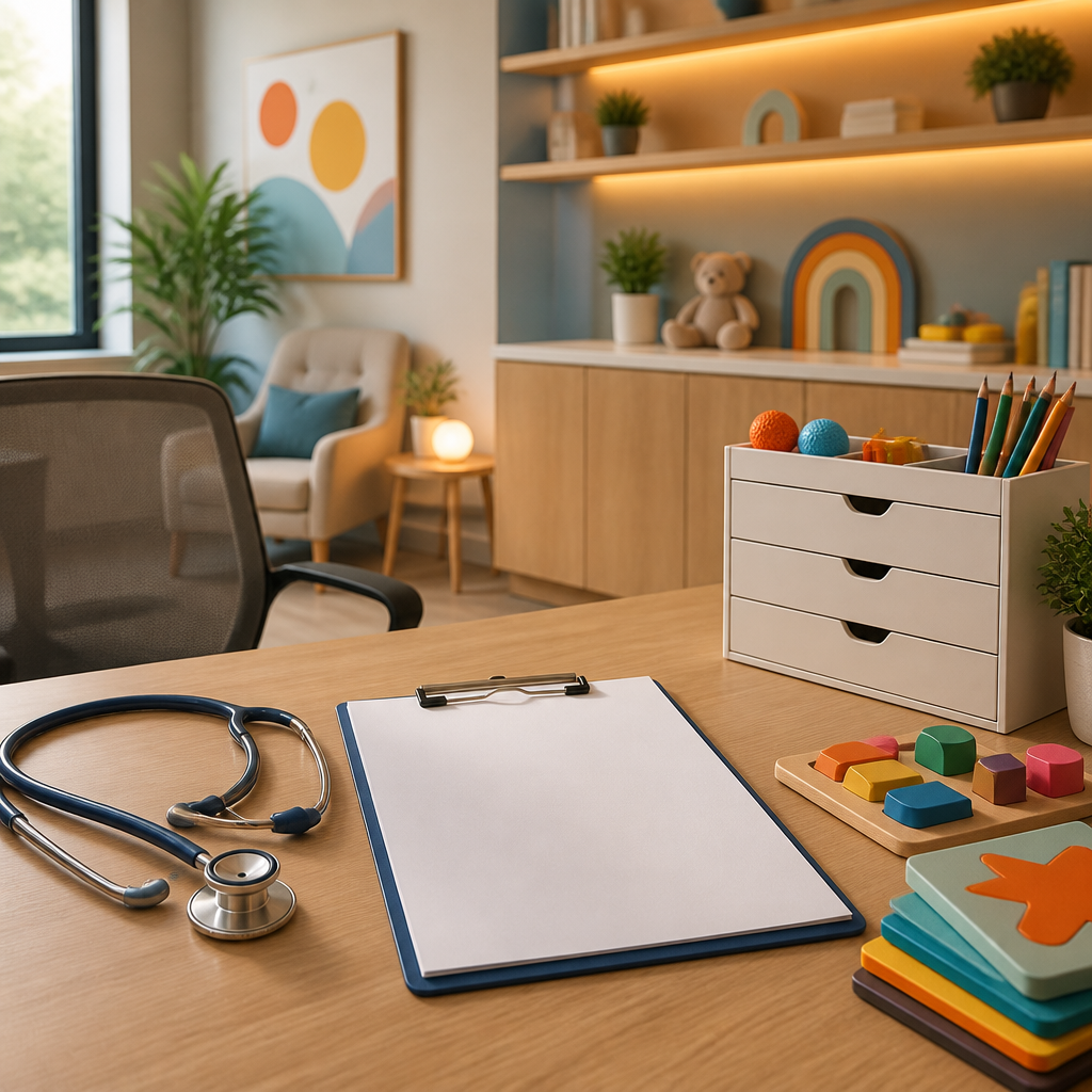 A modern pediatric office desk with a stethoscope and blank clinical materials alongside therapy-ready learning supplies, representing developmental screening and next-step coordination