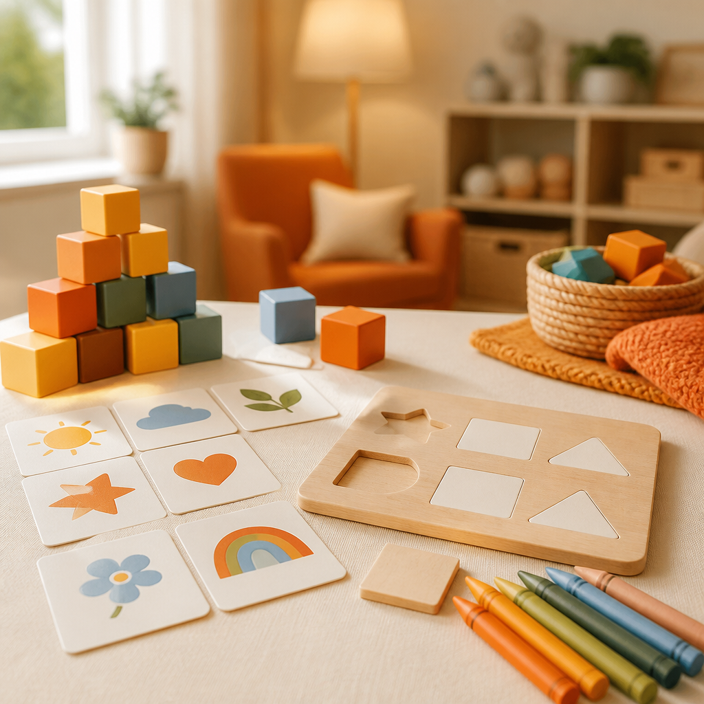 Colorful early learning materials arranged neatly on a light neutral tabletop with warm orange accents, representing communication, social-emotional play, and early learning readiness