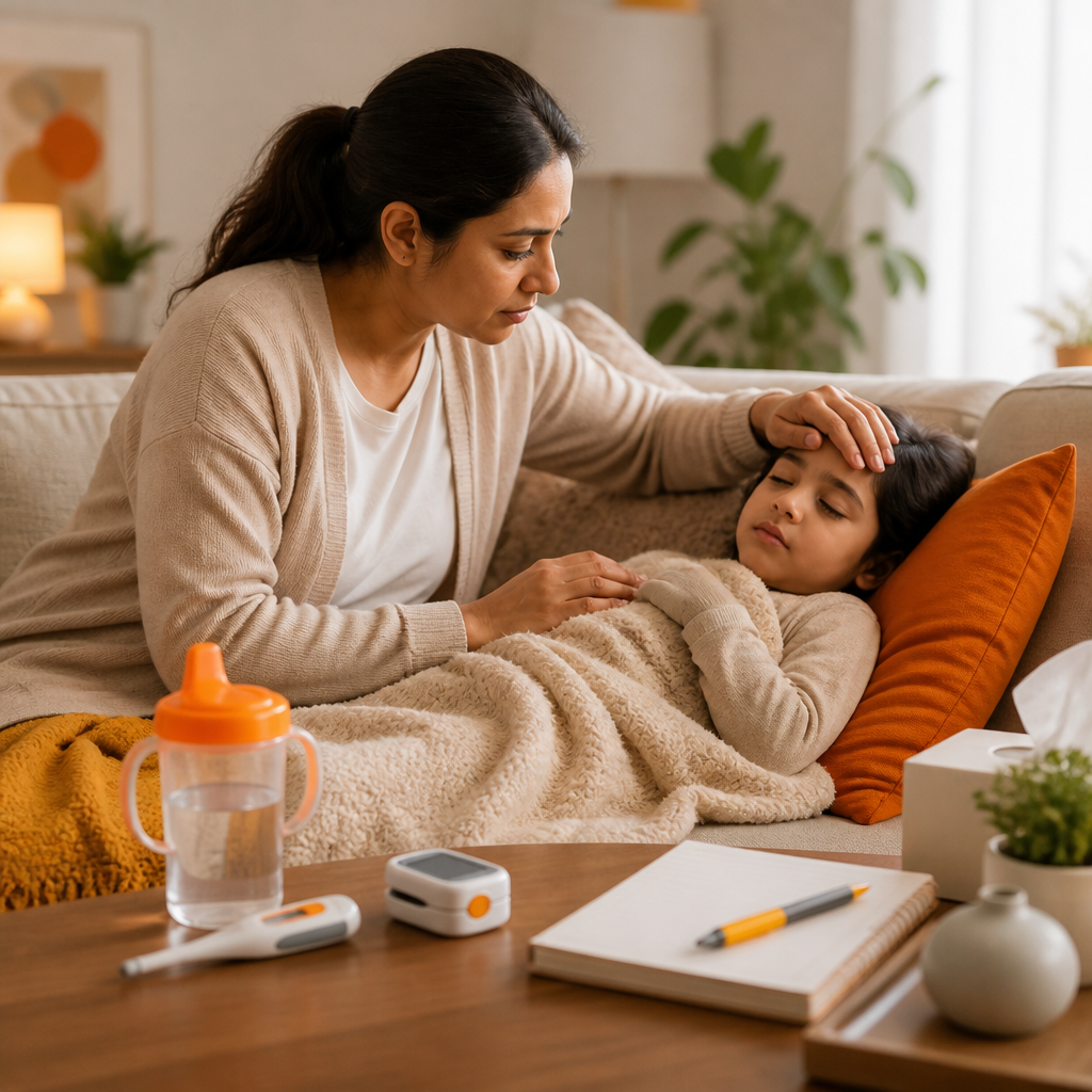 A caregiver at home monitoring a resting child’s comfort, with hydration supplies and thermometry tools nearby for symptom tracking.