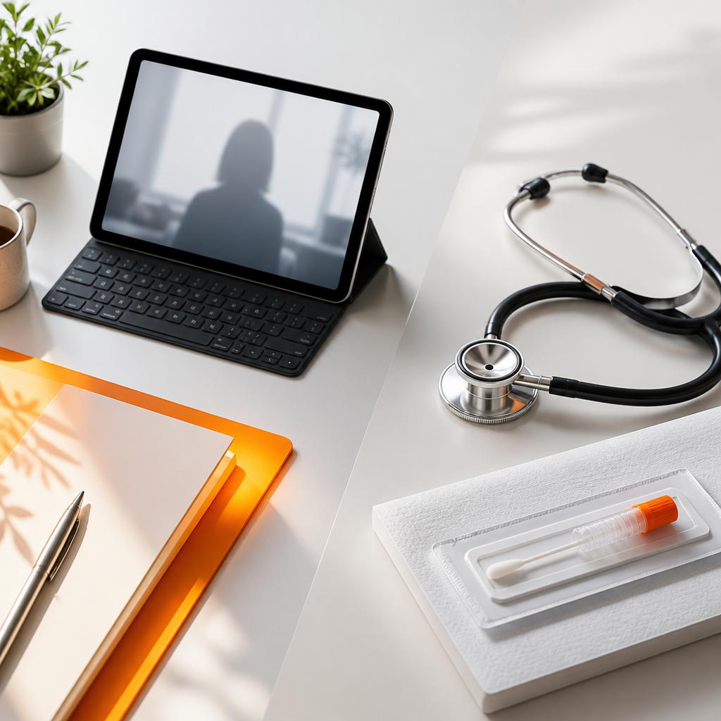 A bright desk setup with a stethoscope and a medical swab kit paired with a tablet showing a generic telemedicine call silhouette.