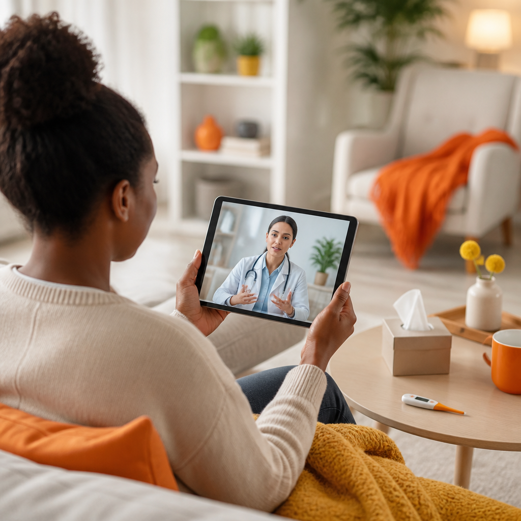 A caregiver at home using a tablet for a virtual pediatric consultation while cold-season essentials like a tissue box and thermometer sit nearby.