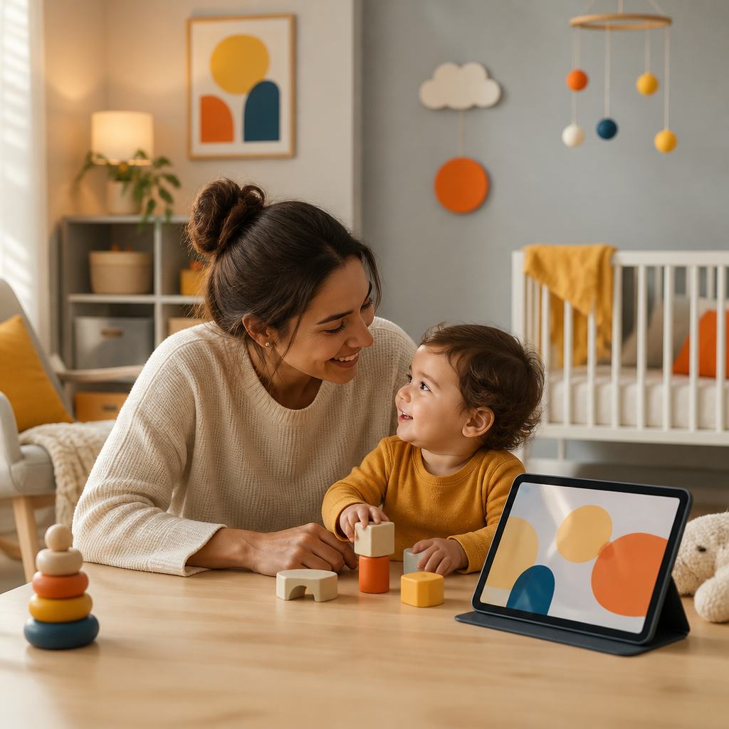 A parent in a softly lit nursery engaging with their child while a virtual pediatric provider is represented through non-text, abstract guidance cues on a nearby tablet, conveying developmental follow-up and home monitoring.