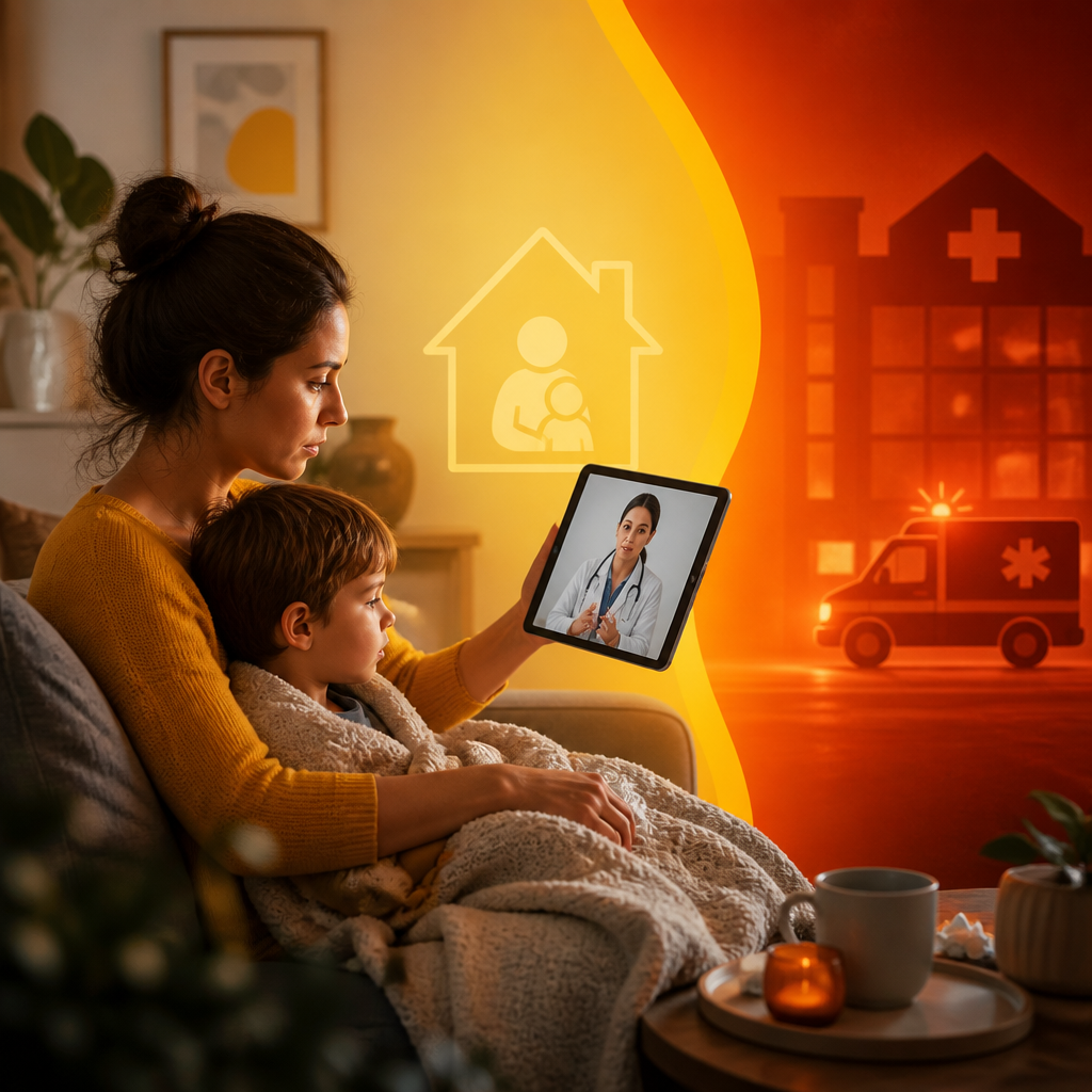 A parent at home consulting a tablet for telemedicine guidance while non-text visual symbols suggest the difference between non-emergency monitoring and when urgent evaluation may be needed.