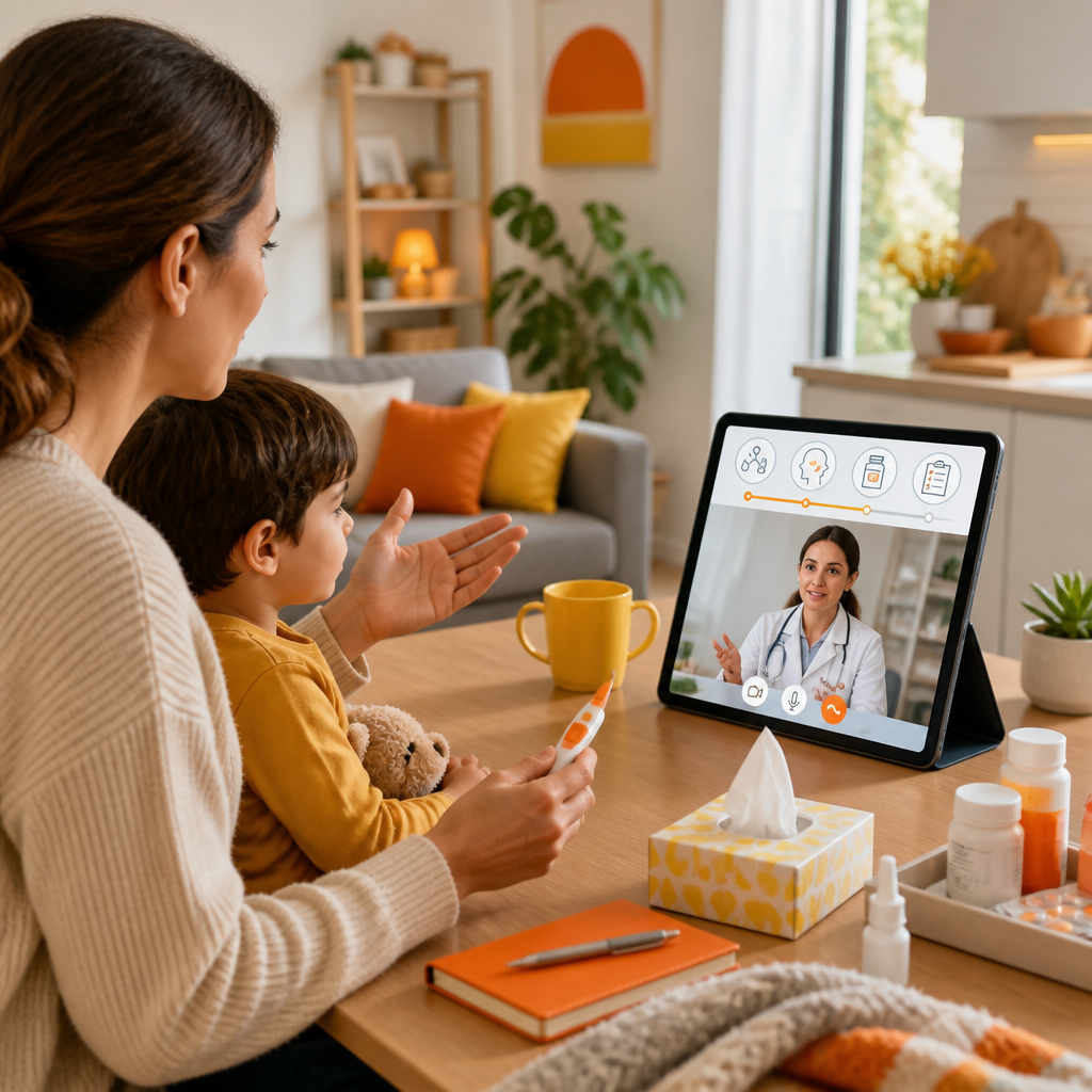 A parent seated at home holding a tablet while a pediatric provider communicates through video guidance, with calm, non-text visual cues suggesting home-care planning for a virtual visit.