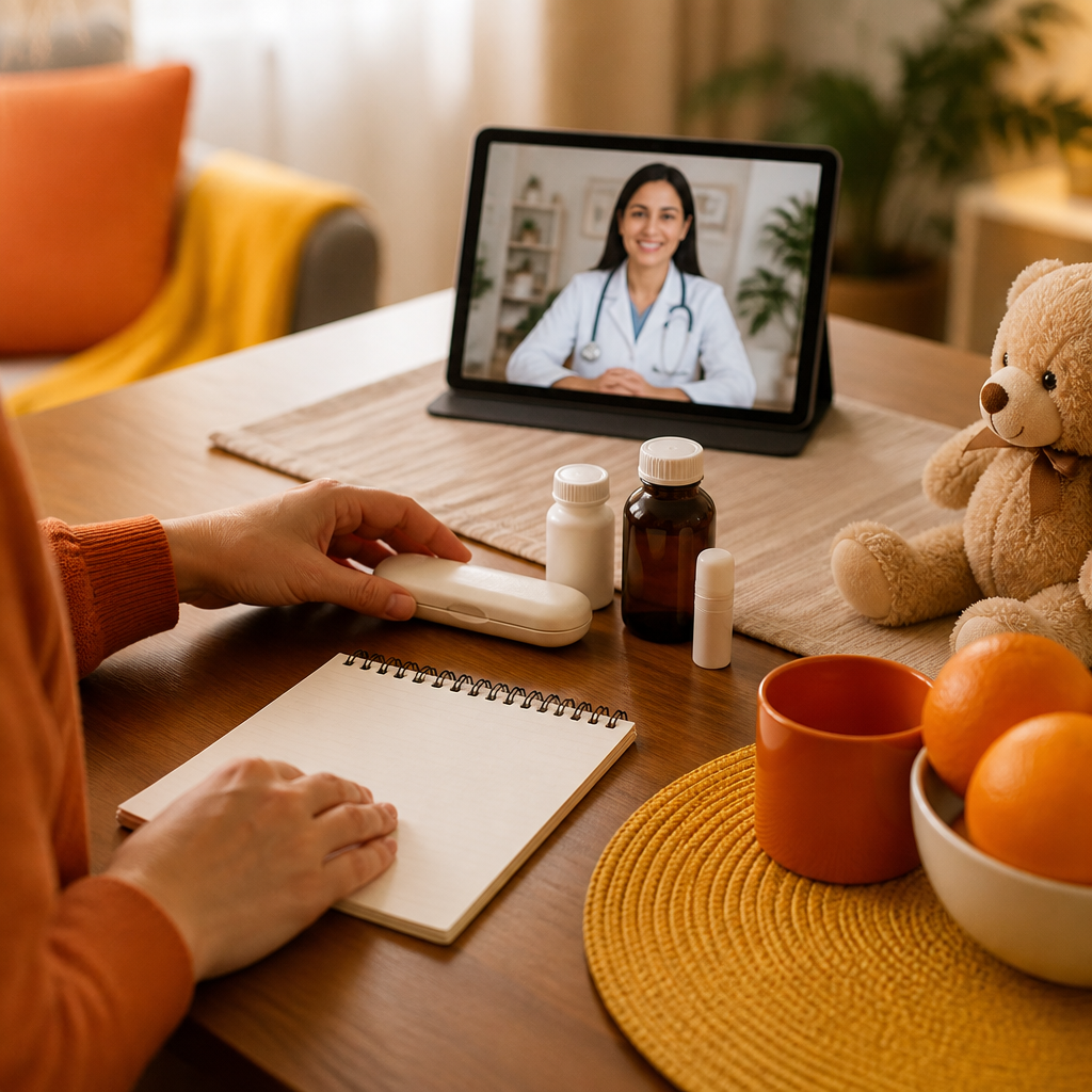 A parent organizes unlabeled health items and a blank notepad at home before a pediatric telemedicine appointment with warm orange and gold tones