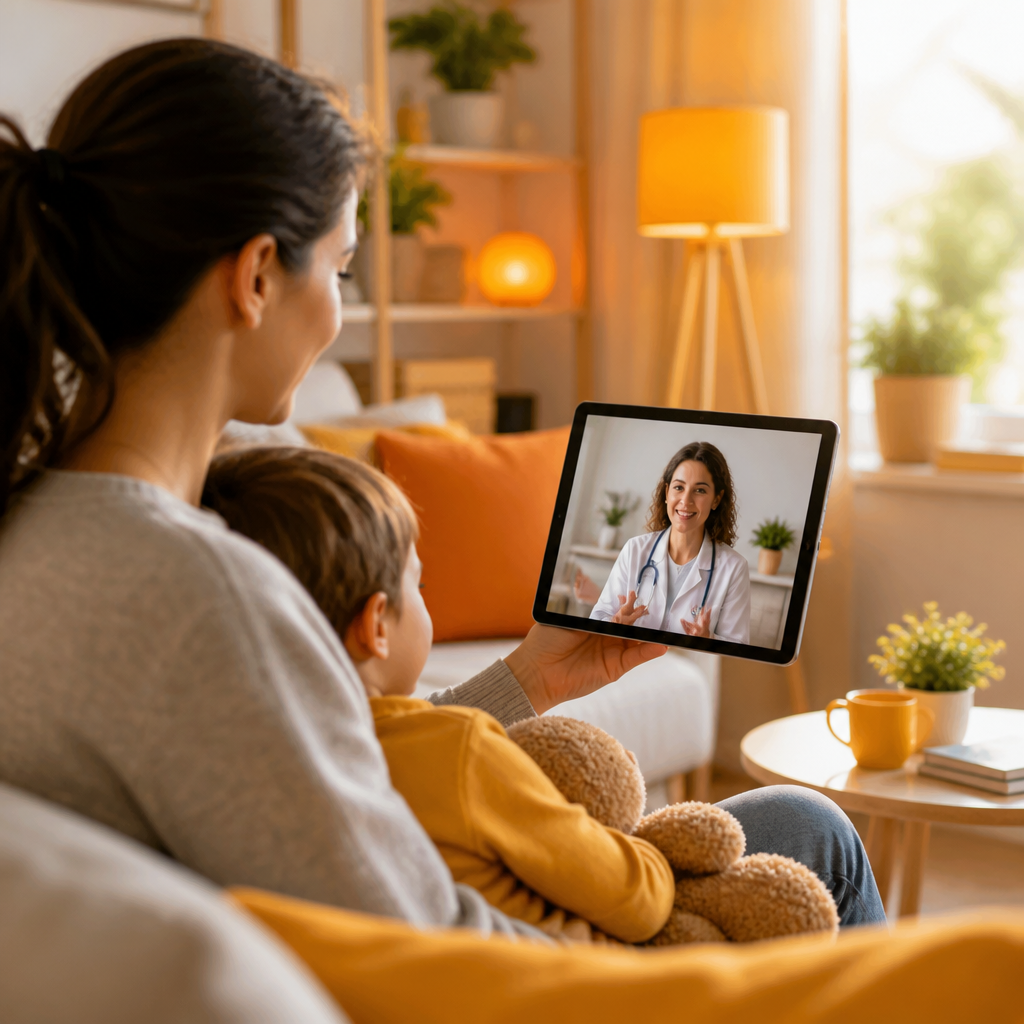 A parent using a tablet in a bright living room during a pediatric virtual visit with warm orange and gold accents