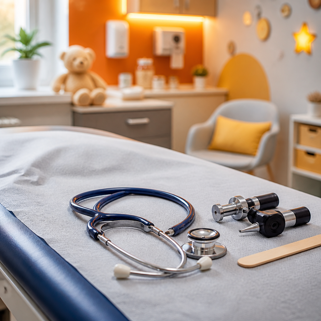 A clean pediatric exam room with a stethoscope and medical tools arranged for an in-office evaluation