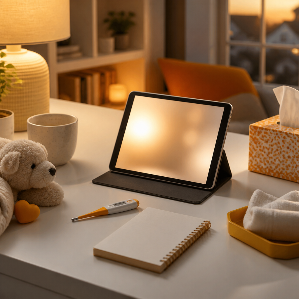 A prepared home workspace with a tablet showing a non-readable video-call glow, a thermometer, and blank-notebook organization in warm orange and neutral brand tones.