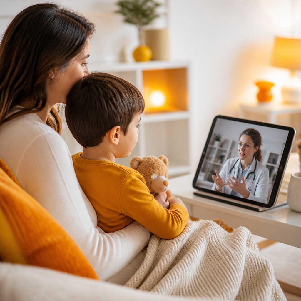 A parent and child in a bright home setting connected to a clinician via a telemedicine video call displayed on a device, using warm orange and neutral brand tones.