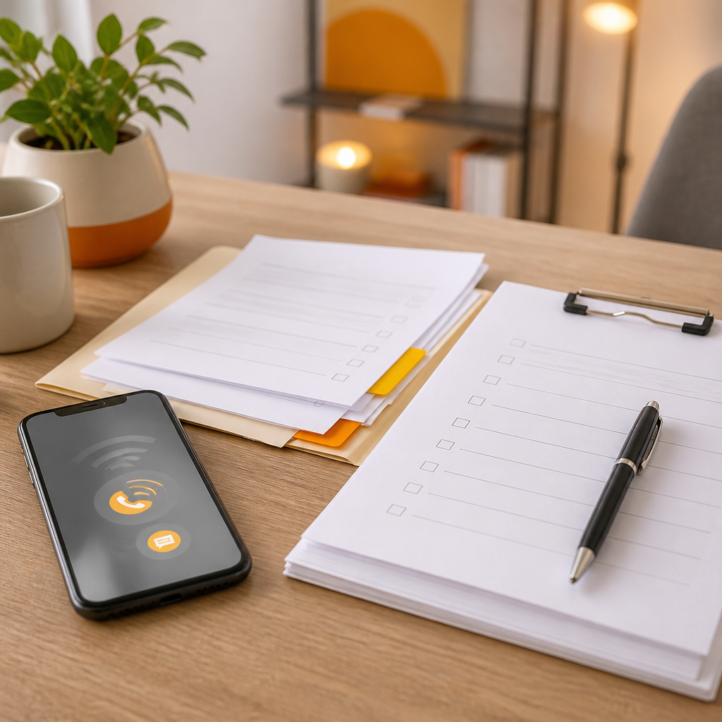 Insurance-themed tabletop organization with blank forms and a smartphone displaying abstract communication waves, using warm orange and neutral brand tones.