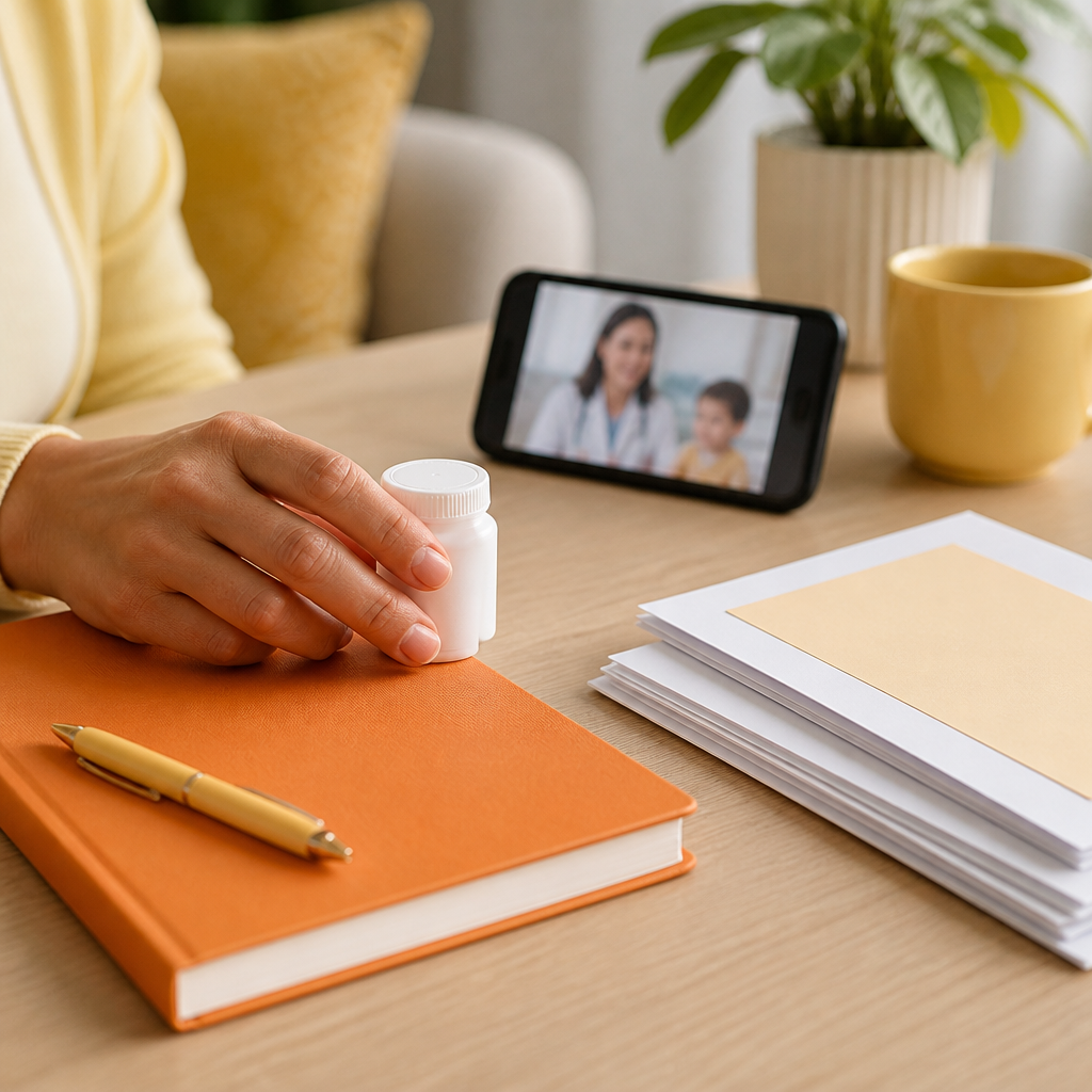 A caregiver’s hand organizing items on a table for a virtual pediatric visit, with a notebook, medication bottles, and a phone displaying a blurred interface without any readable text.
