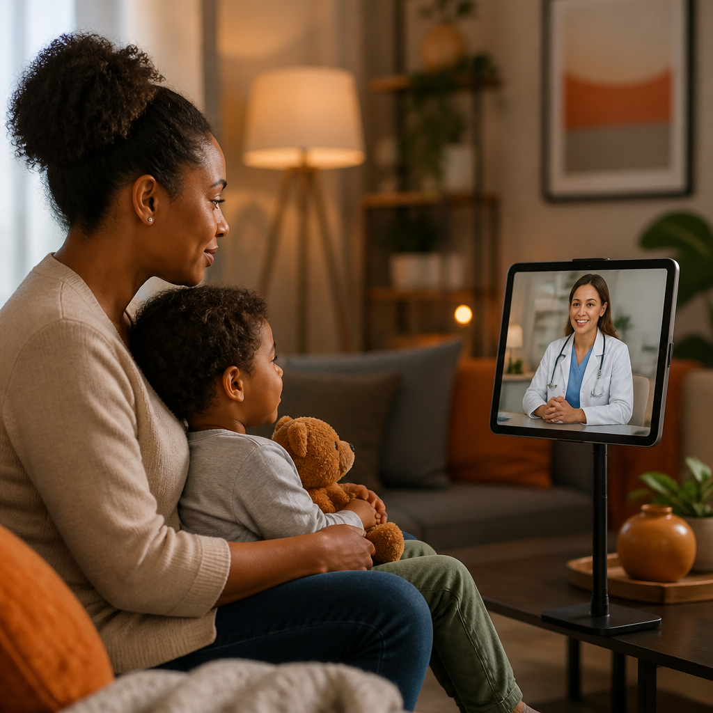 A caregiver having a video-style pediatric check-in from home using a tablet on a stand with warm lighting and orange-accented details, with no readable text on the screen.
