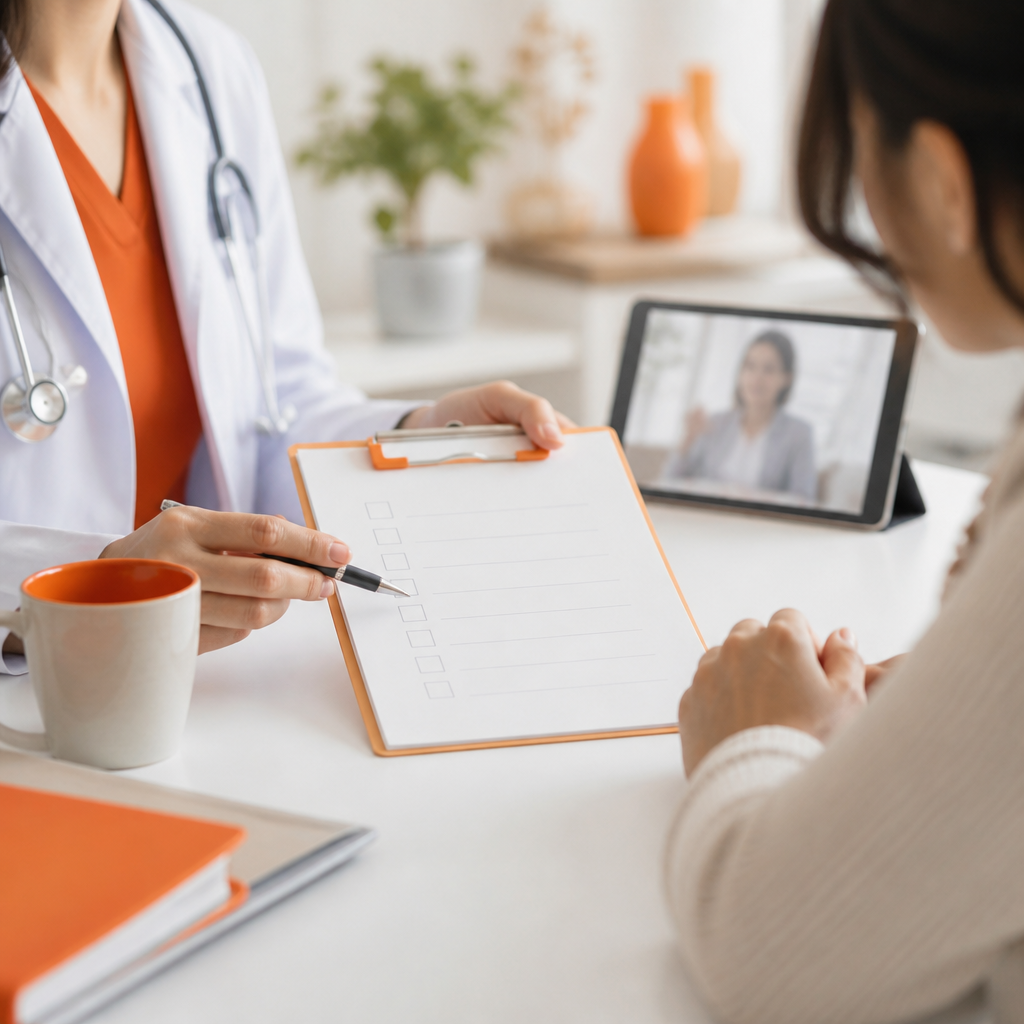 A clinician reviewing a care plan with a caregiver after a virtual pediatric visit, with a clipboard and blurred phone interface in a clean clinical setting and no readable text.