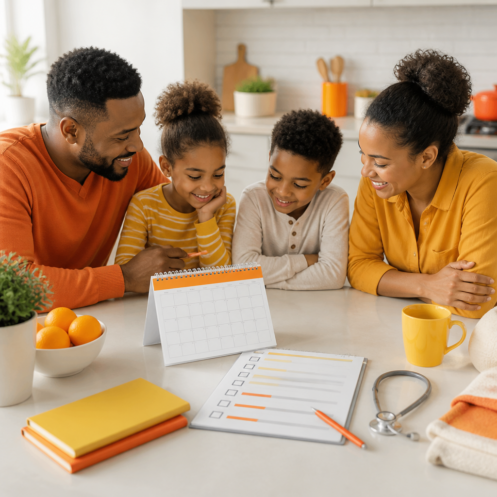 A calm family setting at a table with an untitled planning sheet and healthcare items, using warm orange and yellow accents and no readable text.