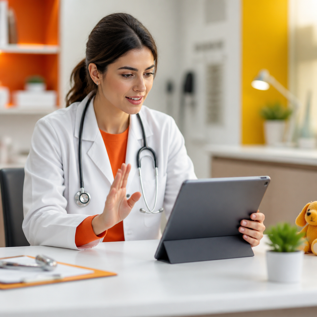 A pediatric clinician in a modern clinic setting holding a tablet during a telemedicine guidance moment, with no readable on-screen text and brand-colored accents.