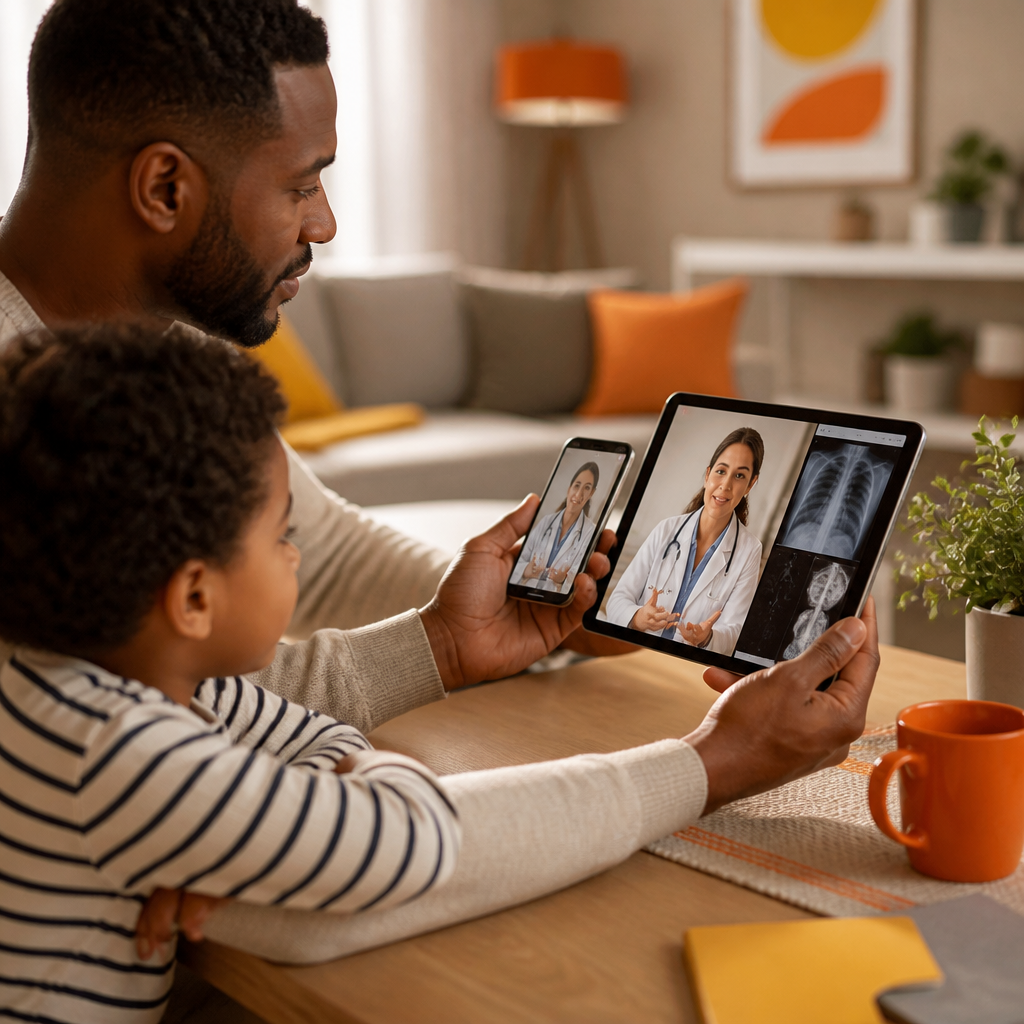 A parent at home reviewing child health information on a tablet while a smartphone suggests a telemedicine conversation, with warm orange and yellow accents and no readable text.