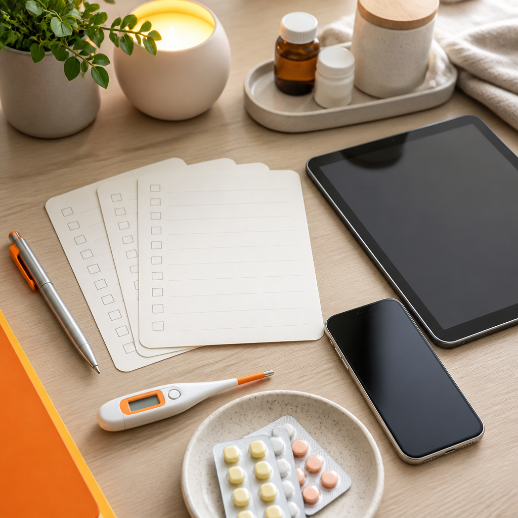 A preparation desk setup with a blank checklist, a thermometer, and a phone representing organizing information for a telemedicine pediatric visit with subtle orange and gold accents.