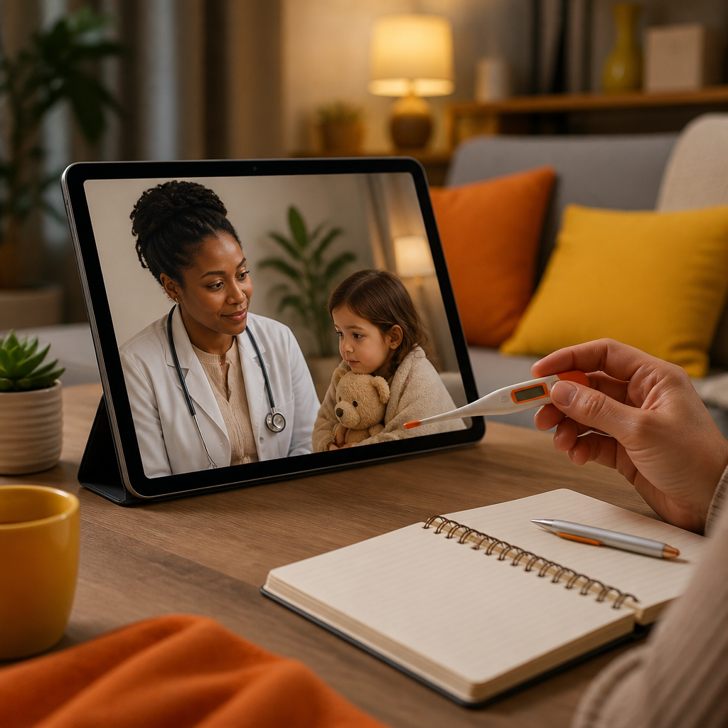 A parent’s hand holding a thermometer beside a tablet representing a pediatric telemedicine visit in a warm living room with subtle orange and gold accents.