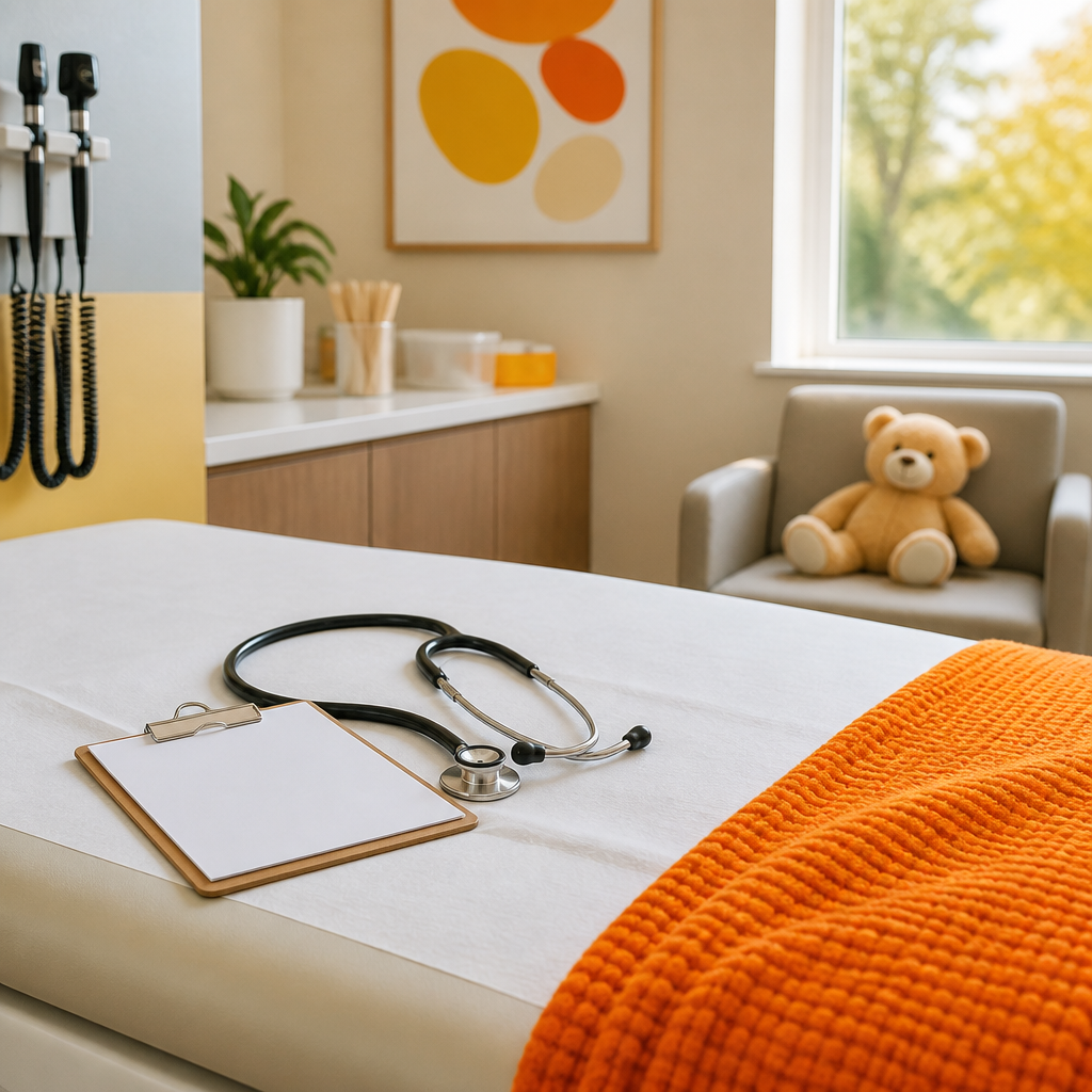 A pediatric clinic exam room featuring a stethoscope and blank clipboard on a clean surface with subtle orange and gold accents.