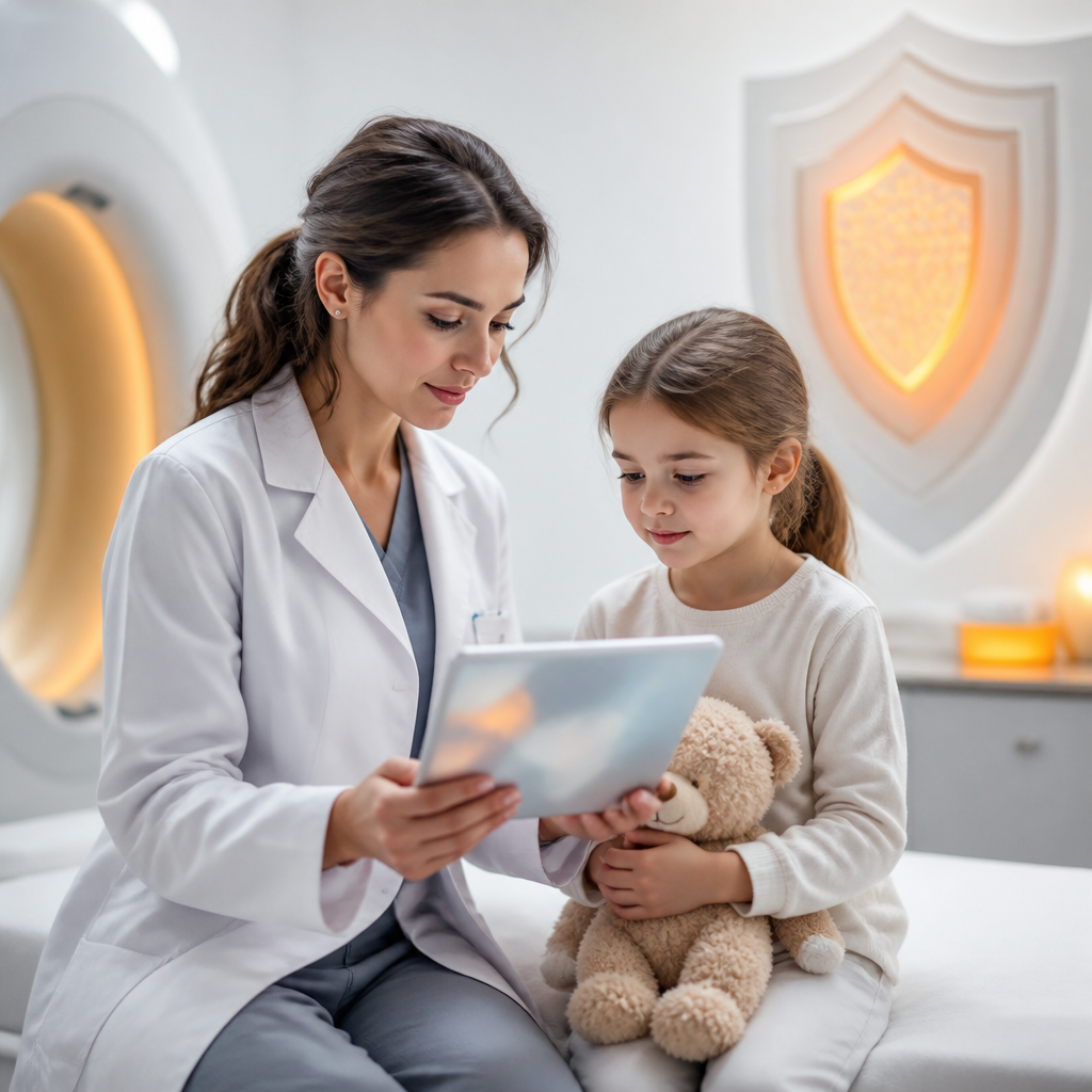 A clinician reviewing a blurred medical information view in a calm setting to support safer imaging decisions for children