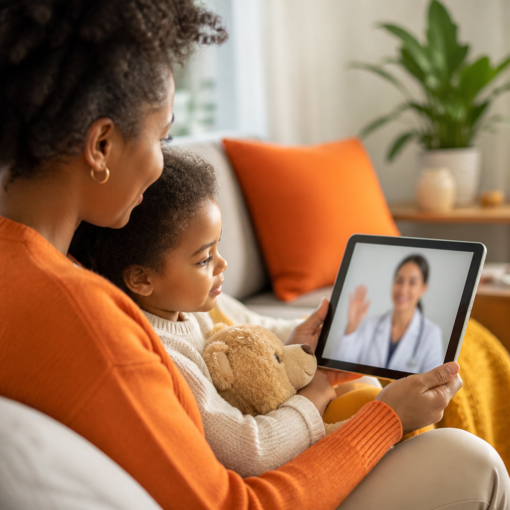 A parent at home using a tablet to connect with a pediatric provider through a video visit for a child’s symptoms
