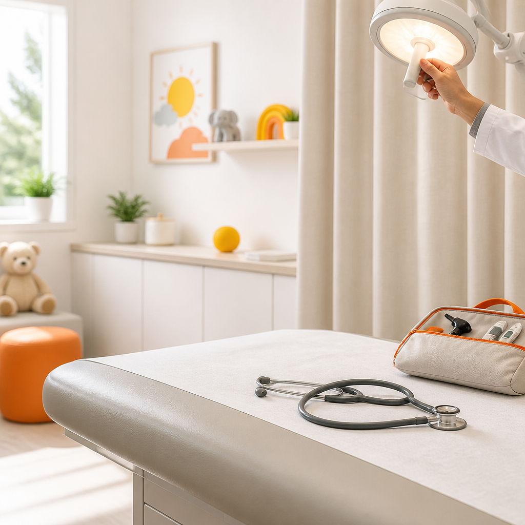A prepared pediatric exam room with medical tools arranged for an in-person evaluation when a child needs hands-on care