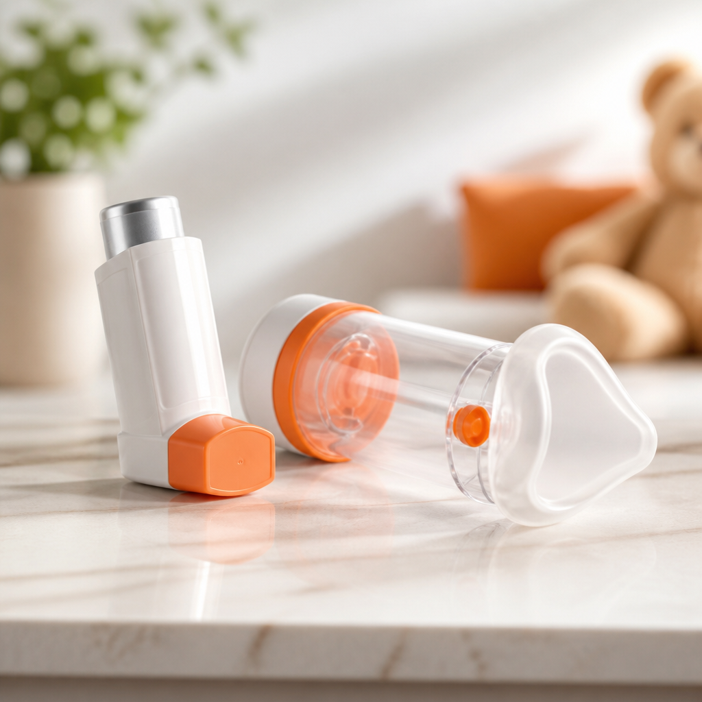 A close-up of an inhaler and breathing spacer on a clean countertop with soft neutral lighting, representing ongoing management of chronic respiratory issues.