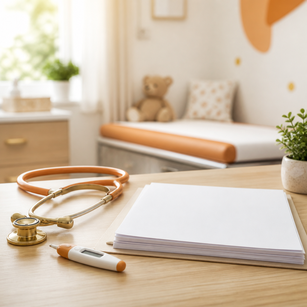 A tidy pediatric exam desk featuring a stethoscope and thermometer with blank medical forms, representing evaluation of common acute childhood illnesses.