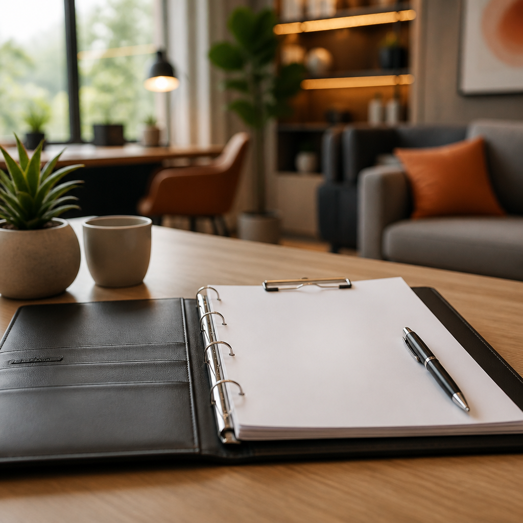A premium consultation setup with a clipboard binder of blank pages and a pen, representing how a pediatric care plan is explained and guided over time.