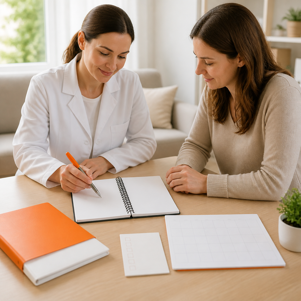 A clean desk scene with blank planning materials for tracking recurring symptoms, styled with brand-aligned orange accents and no readable text.
