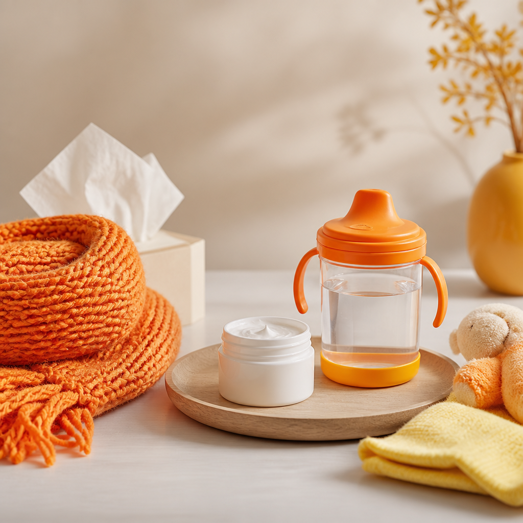 A premium flat-lay style composition with clinical-care items in orange and pale yellow accents, conveying common pediatric concerns without any text.