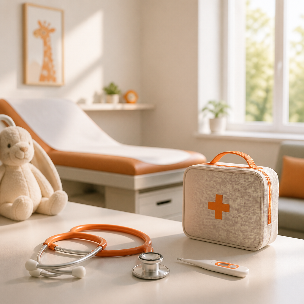 A clean pediatric urgent-care exam room scene with clinical supplies arranged under warm lighting, with no readable text.
