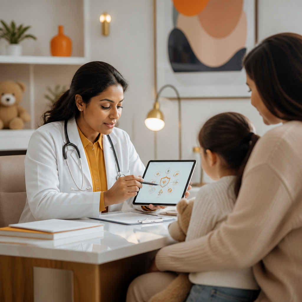 A clinician reviewing vaccination records on a tidy desk with a tablet displaying abstract non-readable health icons in a modern pediatric clinic.