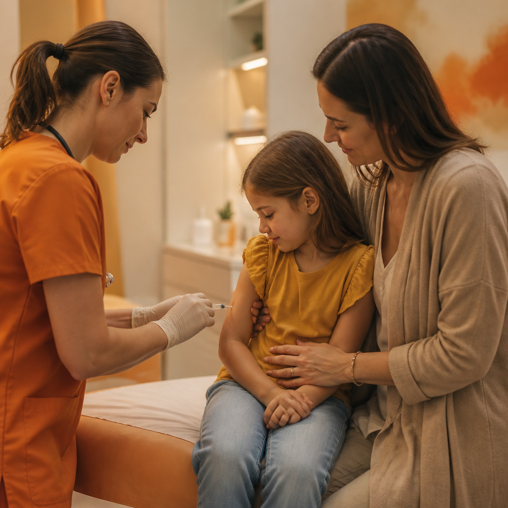 A nurse prepares an injection while a parent comforts their child in a calm clinic room.